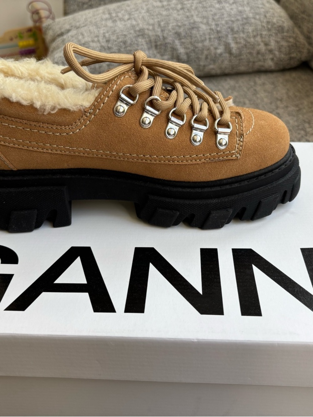 Ganni Tan Suede Lug-Sole Lace-Up Boot with Shearling Trim